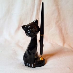 Vintage Ceramic Black Cat Desk Pen Holder